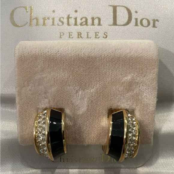 Christian Dior VINTAGE Gold and Black Crystal Earrings - Picture 1 of 3